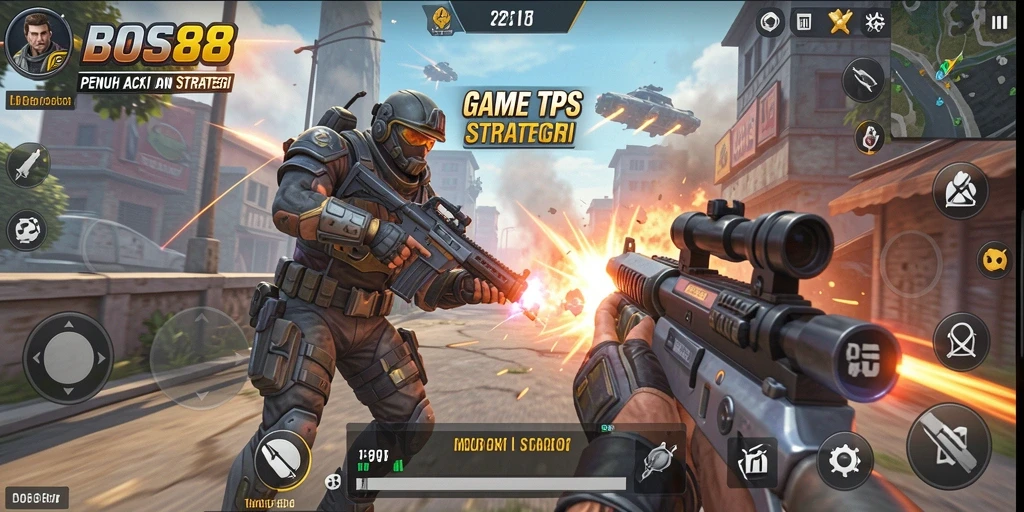 Tangkapan layar utama BOS88 menampilkan aksi pertempuran yang intens dalam game TPS.