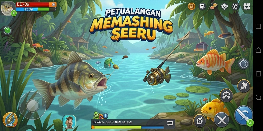 Screenshot gameplay EE789 yang menampilkan aksi memancing yang mendebarkan.