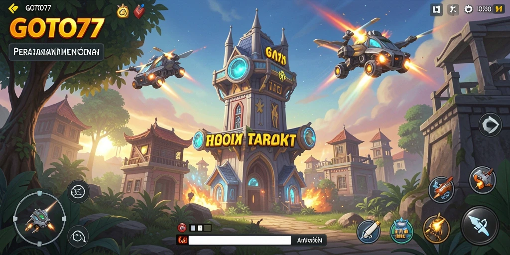 Tangkapan layar GOTO77 menampilkan pertarungan strategis dalam Tower Defense.