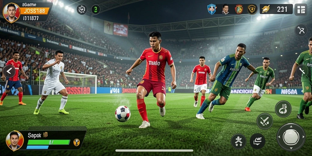 Tampilan gameplay menarik dari JOSS188 dengan tindakan sepak bola nyata.