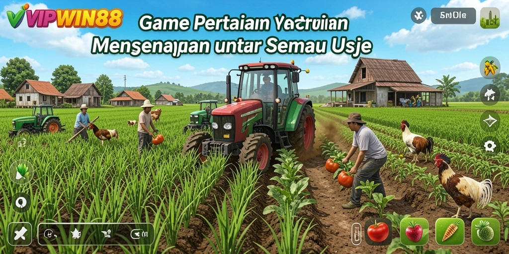 Tampilan gameplay <strong>VIPWIN88</strong> yang menampilkan kebun subur dan beragam tanaman.